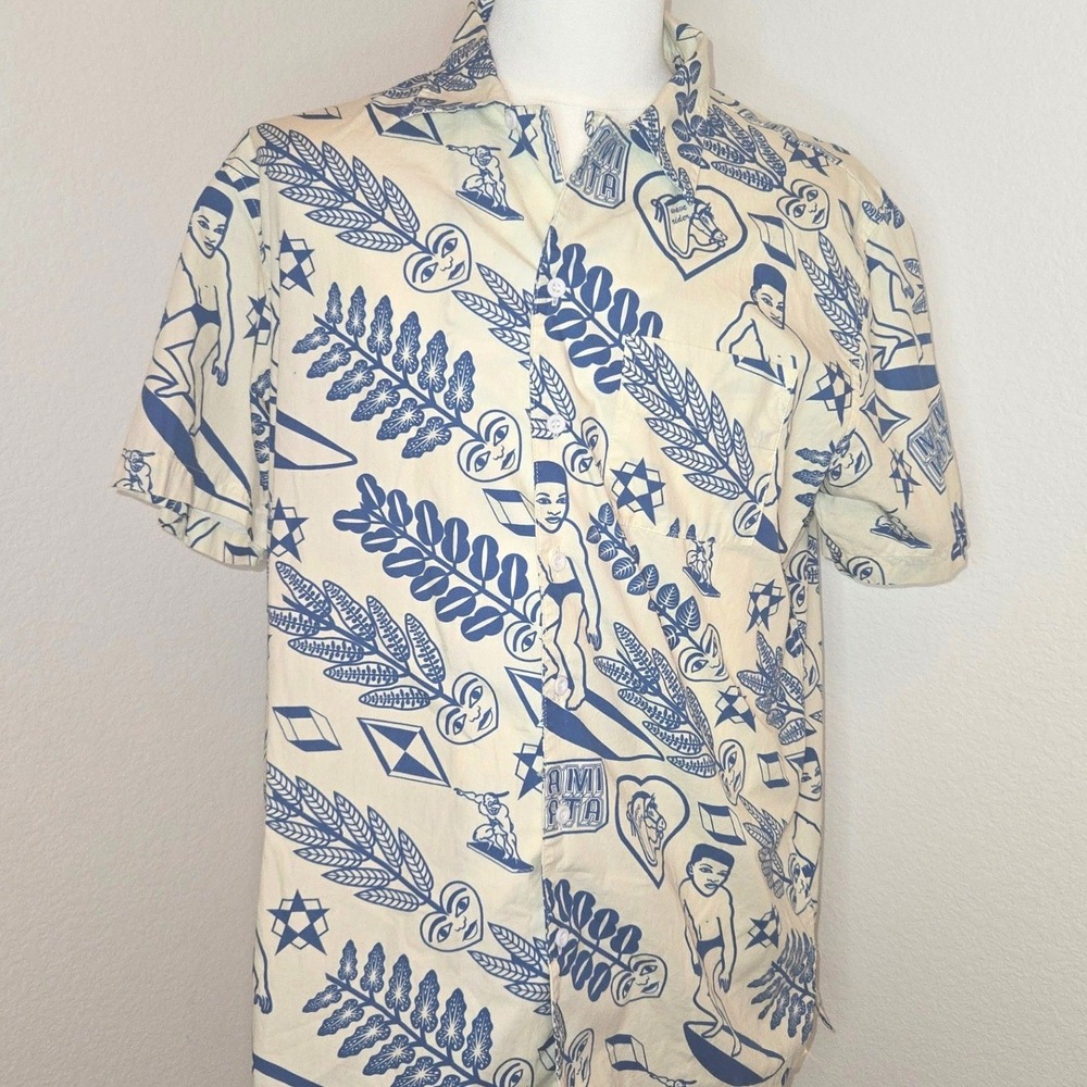Mami Wata Mens L Button Up Shirt Blue White Graphic Print 100% Cotton Surf